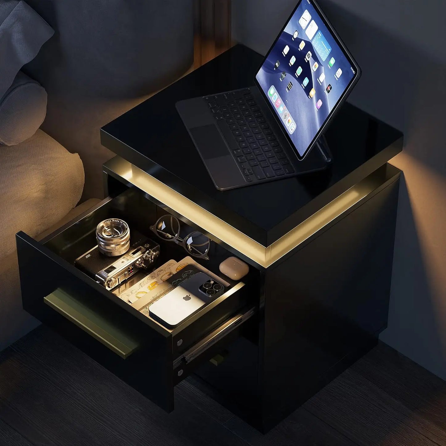 Set of 2 Modern LED Nightstands – Black & Gold Bedside Tables with Drawers and Ambient Lighting