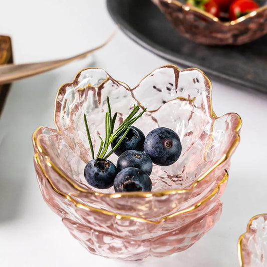 3-Piece Cherry Blossom Glass Dishes – Pink Floral Sauce Bowls with Gold Rim
