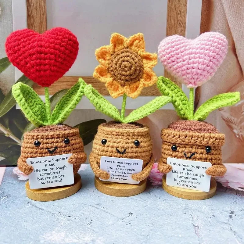 Positive Energy Crochet Flower Dolls – Emotional Support Hug Plants for Desk & Home Decor
