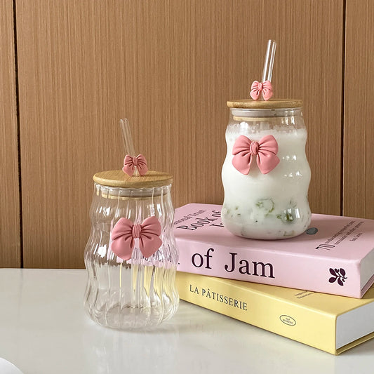 Wavy Glass Cup with Straw – Pink Bow Lid Edition