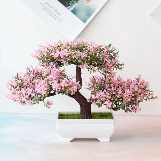 Artificial Pink Blossom Bonsai Tree – Decorative Faux Plant in White Ceramic Pot