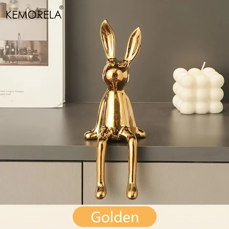 Ceramic Sitting Bunny Ornament – Long-Eared Rabbit Sculpture for Shelves or Entryways