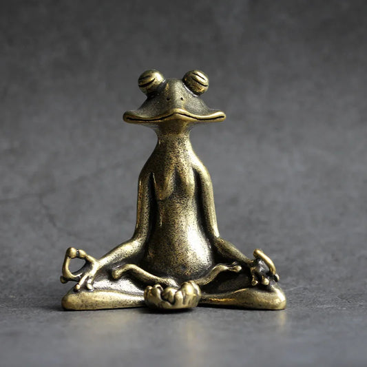 Antique Brass Meditation Zen Frog – Mini Statue for Tranquil Home & Desk Decor