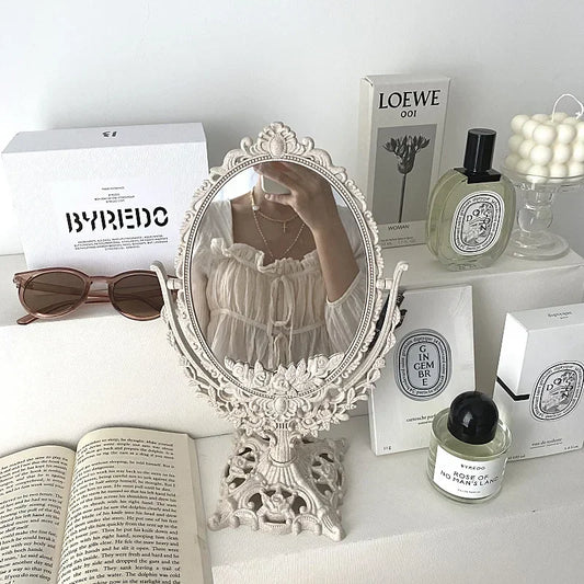 Vintage European Oval Vanity Mirror – 360° Rotating Desktop Makeup Mirror in Beige