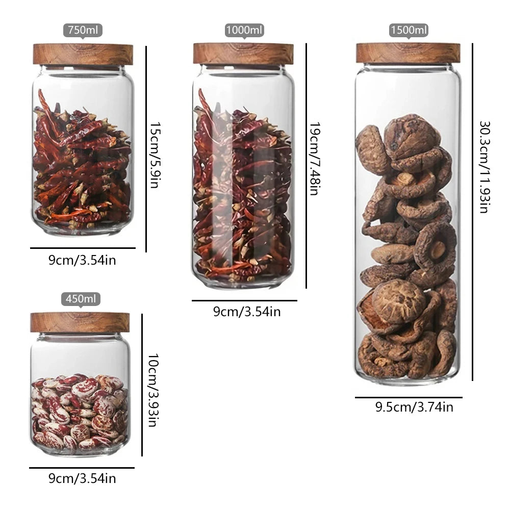 Modern Glass Storage Jar with Wooden Lid – Airtight Pantry Container for Spices, Cereal, Snacks & Dry Goods