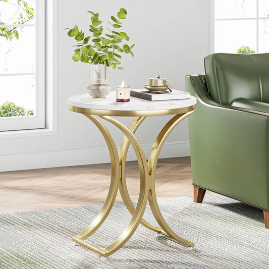 Elegant Round Faux Marble & Gold Side Table – Modern Accent Table for Living Room or Bedroom