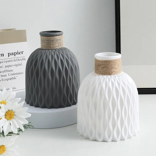 Textured Rope Plastic Vase – Modern Pink Flower Pot for Living Room & Desktop Decor