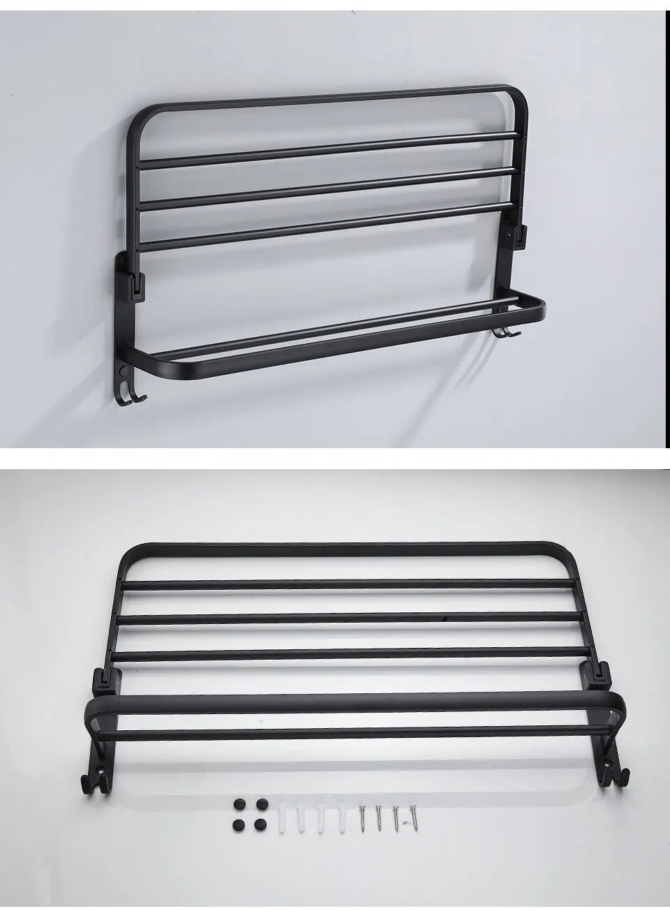 Matte Black Folding Towel Rack with Hooks – 50CM Wall-Mounted Aluminum Shelf