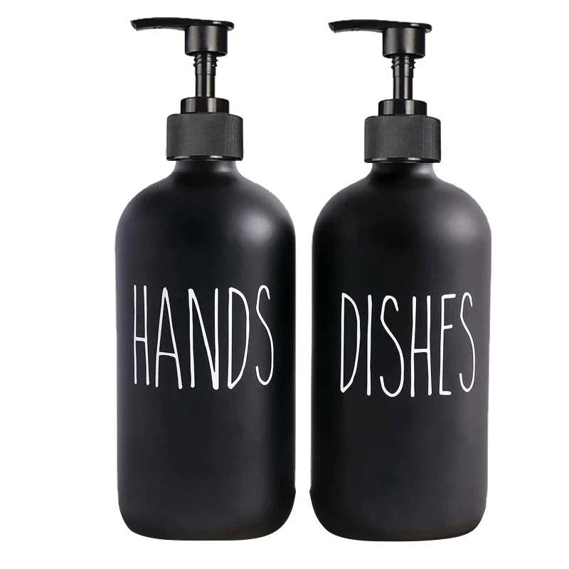500ml Matte Black Soap Dispenser Set with Labels & Bamboo Tray – Hands & Dishes Bottles for Kitchen & Bathroom
