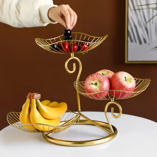 3-Tier Gold Metal Fruit Basket Stand – Decorative Countertop Tray for Kitchen & Dining