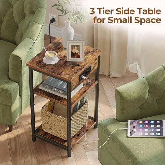 Smart Side Table with Charging Ports – 3-Tier Rustic Nightstand with Storage for Living Room or Bedroom
