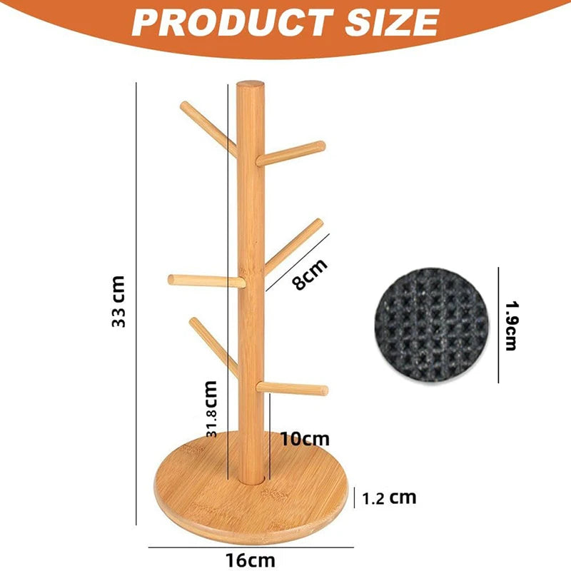 Natural Bamboo Mug Tree – 6 Hook Wooden Coffee Cup Holder Stand for Kitchen Counter or Shelf