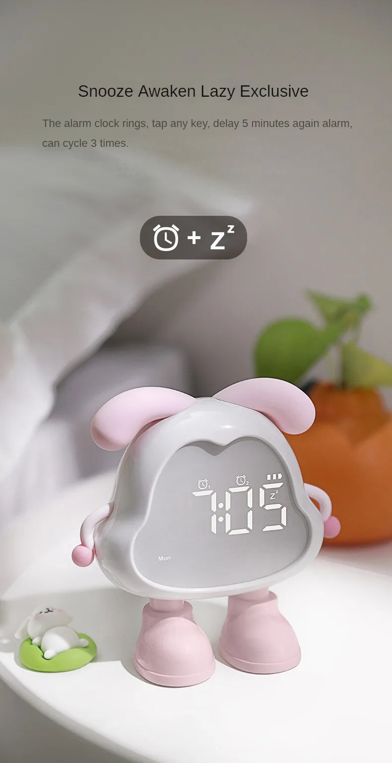 Cute Puppy LED Alarm Clock – Silent Rechargeable Desk Clock with Night Light for Kids & Students