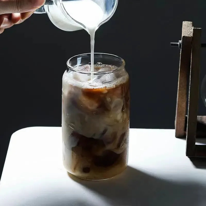 Clear Glass Coffee Cup with Bamboo Lid & Straw – 450ml Iced Drink Jar