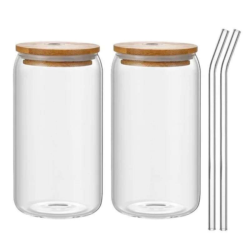 Clear Glass Coffee Cup with Bamboo Lid & Straw – 450ml Iced Drink Jar