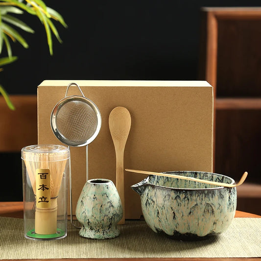 6-Piece Japanese Matcha Tea Ceremony Set – Handmade Ceramic Bowl, Bamboo Whisk, Scoop, Strainer & Gift Box