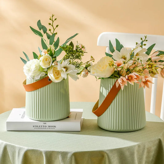 Nordic Style Leather Handle Flower Vase – Modern Anti-Fall Plastic Pot for Floral Arrangements