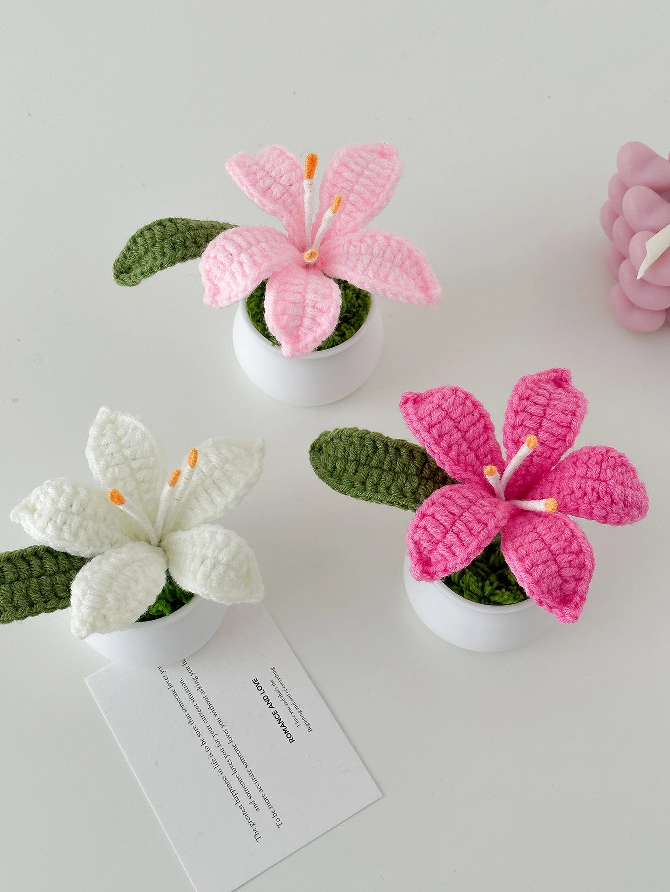 Hand-Knitted Lily Crochet Flower in Pot – Cozy Floral Decor Gift
