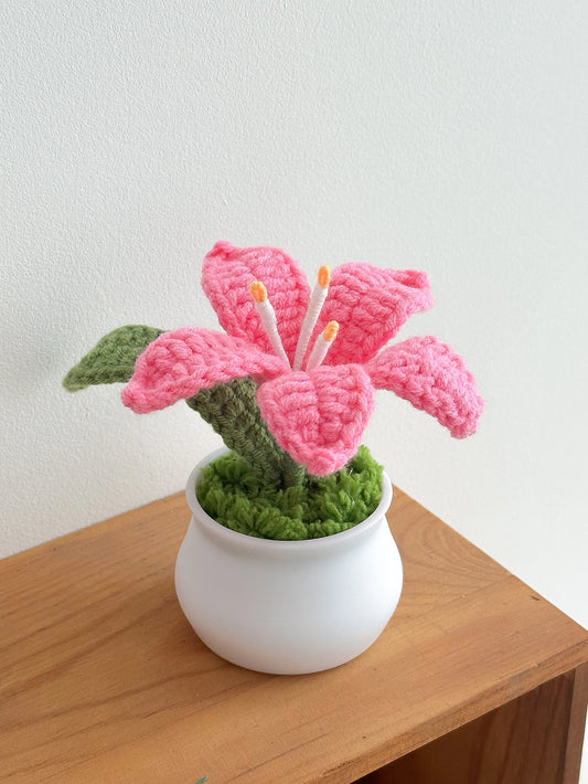 Hand-Knitted Lily Crochet Flower in Pot – Cozy Floral Decor Gift