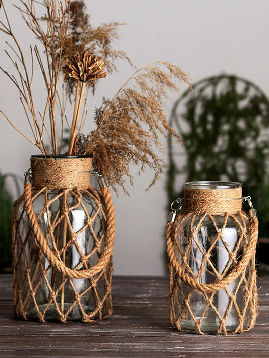Boho Hemp Rope Glass Vase – Rustic Charm for Tables & Shelves