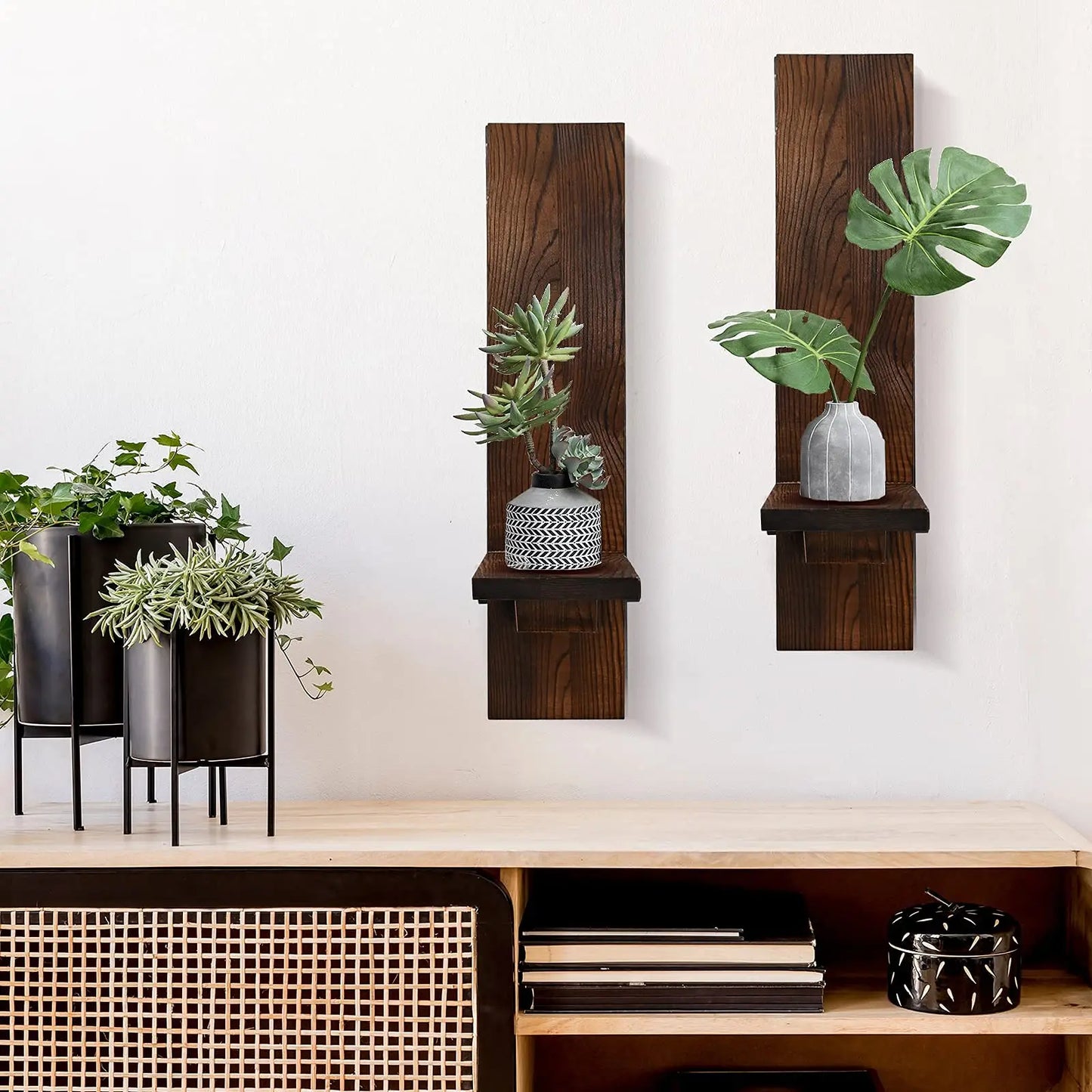 Rustic Wall Candle Sconces – Set of 2 Vintage Wooden Pillar Holders for Cozy Decor
