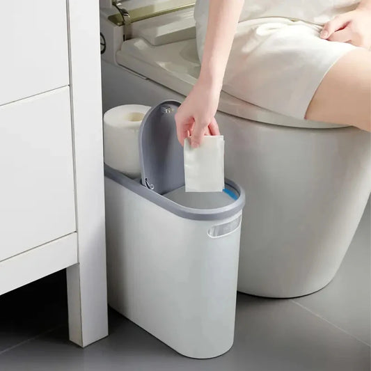 Slim Space-Saving Trash Bin with Lid – 10L Modern Press-Top Garbage Can for Bathroom & Kitchen