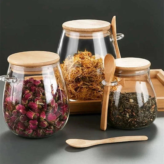 Airtight Glass Jar with Wooden Lid & Spoon – Food & Spice Storage