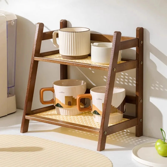 2-Layer Bamboo Countertop Organizer Rack – Multipurpose Coffee Cup Holder Shelf