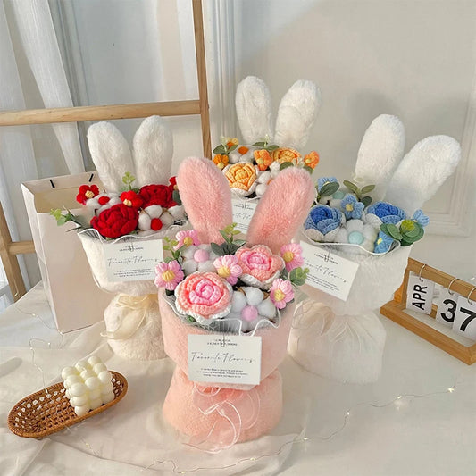 Whimsical Rabbit Ear Plush Bouquet – Soft Knitted Flowers in Gift Bag