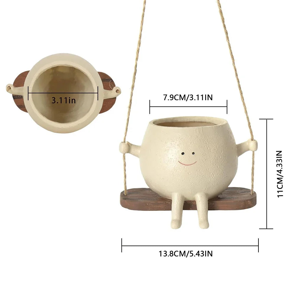 Resin Swing Cartoon Planter Pot – Cute Hanging Head Pot for Indoor & Outdoor Decor