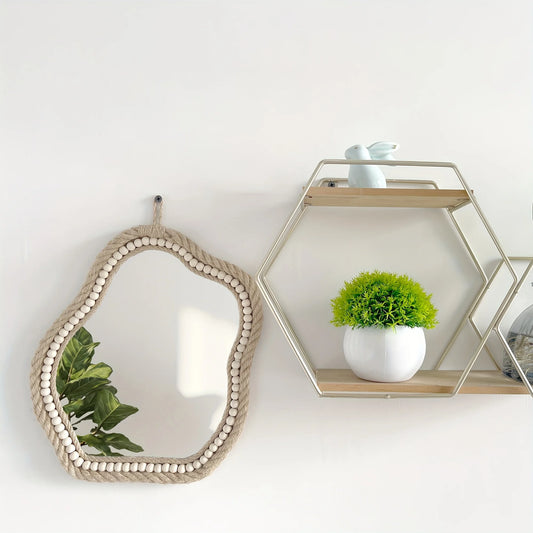 Boho Irregular Wooden Bead Mirror – Handmade Wall Decor with Jute Rope