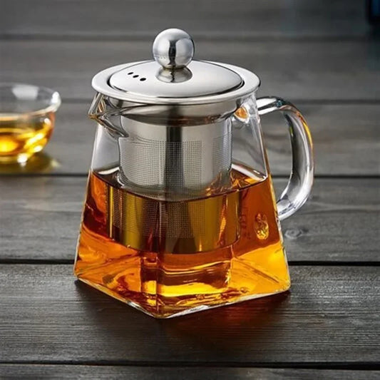 Heat Resistant Glass Teapot with Stainless Steel Infuser – Modern Square Design