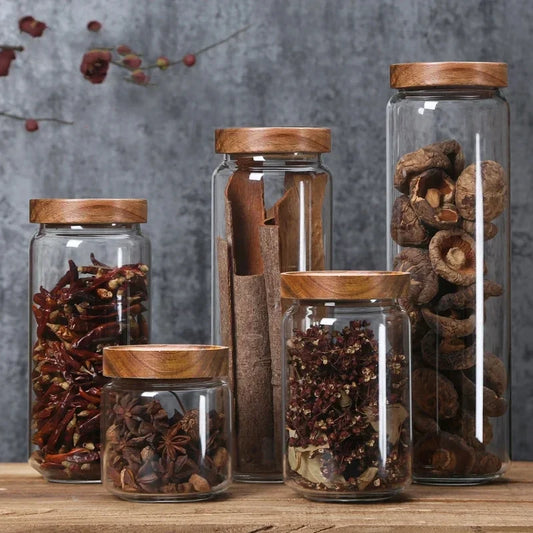 Modern Glass Storage Jar with Wooden Lid – Airtight Pantry Container for Spices, Cereal, Snacks & Dry Goods