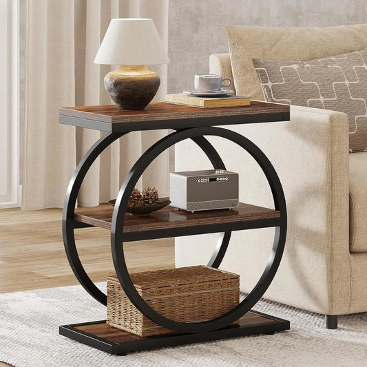 Industrial Circle Frame Side Table – 3-Tier Storage Accent Table for Living Room