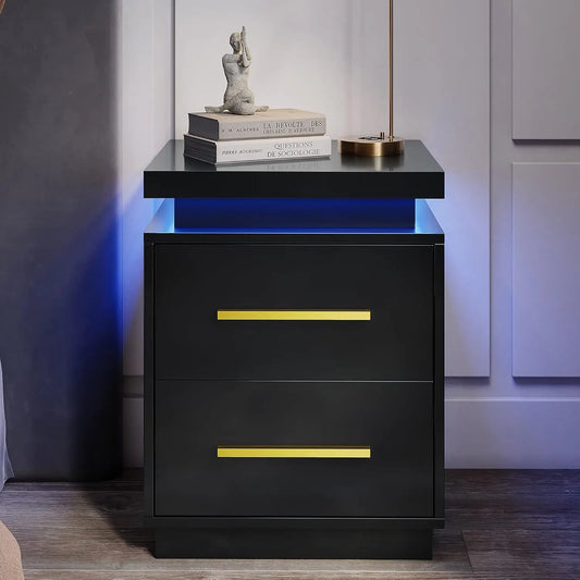 Set of 2 Modern LED Nightstands – Black & Gold Bedside Tables with Drawers and Ambient Lighting