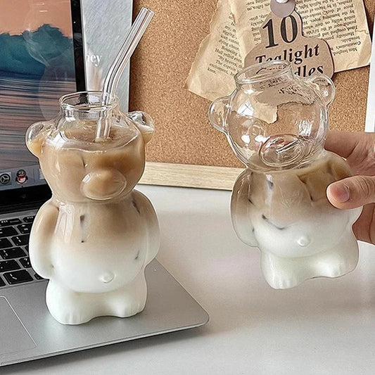 Cartoon Bear Glass Cup with Straw – 320ml Cute Transparent Mug for Juices, Milk Tea & More