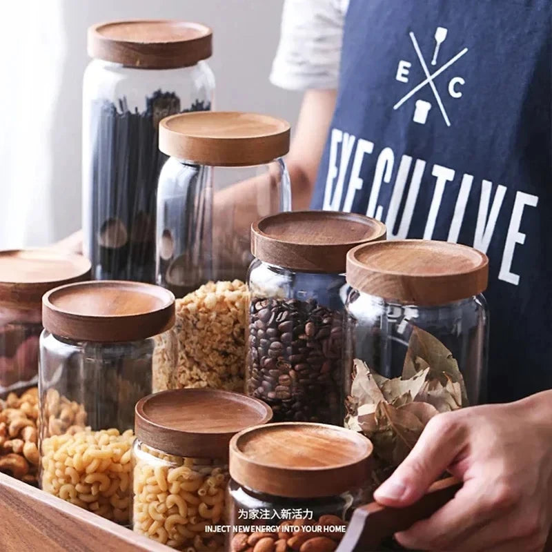Modern Glass Storage Jar with Wooden Lid – Airtight Pantry Container for Spices, Cereal, Snacks & Dry Goods