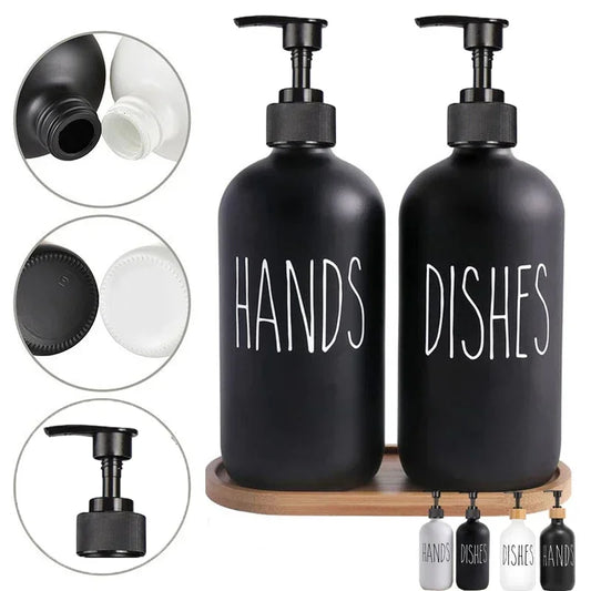 500ml Matte Black Soap Dispenser Set with Labels & Bamboo Tray – Hands & Dishes Bottles for Kitchen & Bathroom